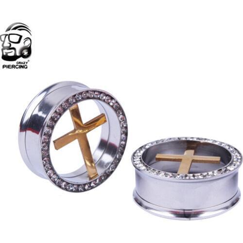 2PCS Steel Screw Ear Plugs and Tunnels Flesh Earring Gauges Hollow Cross Piercings Ear Expanders Rings Body Jewelry For Women