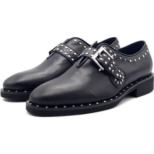 2020 New Fashion Vintage Rivet Men Formal Social Shoes Genuine Leather High Quality Party Shoes Men Pointed Buckle Male Footwear