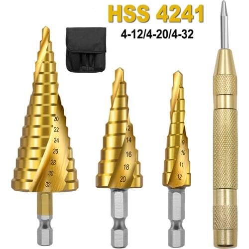 4Pcs HSS Titanium Step Drill Bit 4-32/4-12/4-20mm Step Cone Cutt Tools Metal Drill Bit Woodworking Wood Conbination Tool Set Wit