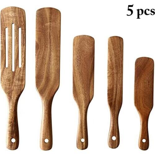 5pcs Wooden Spurtle Non Stick Cooking Spatula Stirring Paddle Slotted Spurtle Kitchen Utensil Set Heat Resistant Cookware