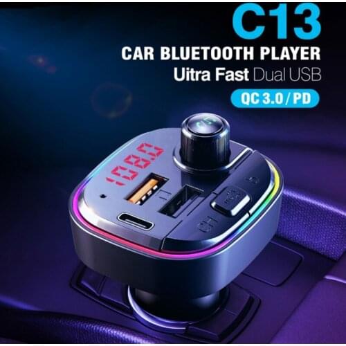 C13 Car Mp3 Player Bluetooth Receiver QC3.0 PD Fast Charger Bluetooth Wireless Car Kit Handfree LCD FM Transmitter AUX Player