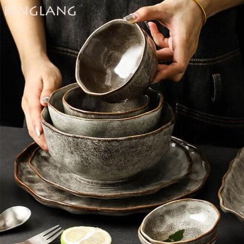 KINGLANG Japanese Style Retro Rice Bowl Ceramic Dinner Plate Single Tableware Salad Food Dish Wholesale Big Ramen Soup Bowl