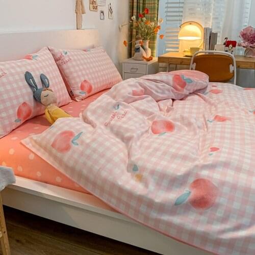 Cotton Four-Piece Cotton Three-Piece Ins Bed Sheet Quilt Cover Bedding Quilt Cover Dormitory Peach Steam