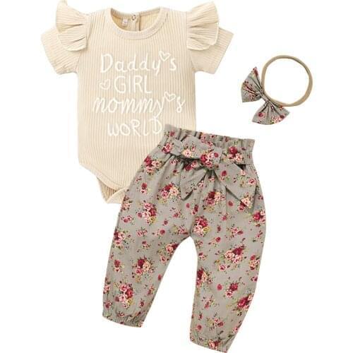 Baby Girls Three-piece Clothes Set, Beige Round Collar Short Sleeve Romper + Pants + Headdress