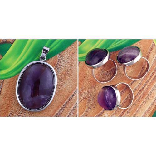 Kraft-beads Silver Plated Natural Purple Amethysts Pendant Oval Shape Ring For Anniversary Jewelry Sets