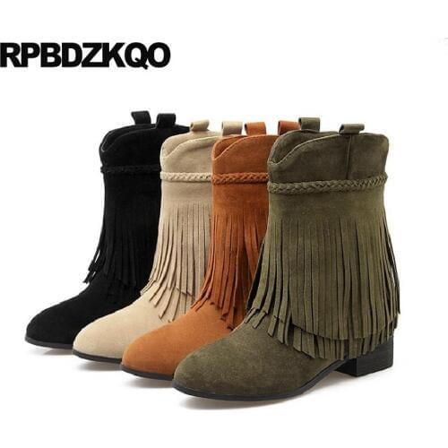 Cute 10 Fringe Pointed Toe Low Heel Shoes Suede Women Boots Winter 2017 Short Autumn Green Big Size Kawaii Tassel Ankle Slip On
