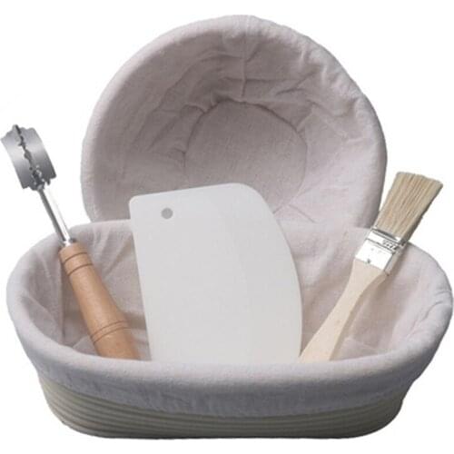 5 Piece Set Dough Banneton Bread Fermentation Rattan Basket with Cotton Liner Bread Knife Plastic Scraper Brush