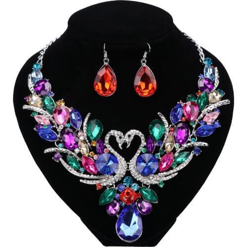 Fashion Crystal Bridal Jewelry Sets Swan Gold Color Necklace Earring Women Gift Party Wedding Prom Necklace Earring Accessories