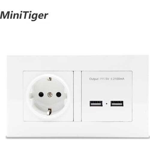 Minitiger Wall Socket EU Standard Power Outlet With Dual USB Smart Induction Charge Port For Mobile 2.1A White PC Panel