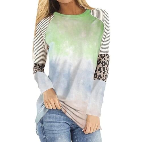 New Fashion Cotton Blouse Women Long Sleeve T Shirt Autumn 2021 Casual Tie Dye Striped Leopard Tee Shirt Ladies Plus Size Top