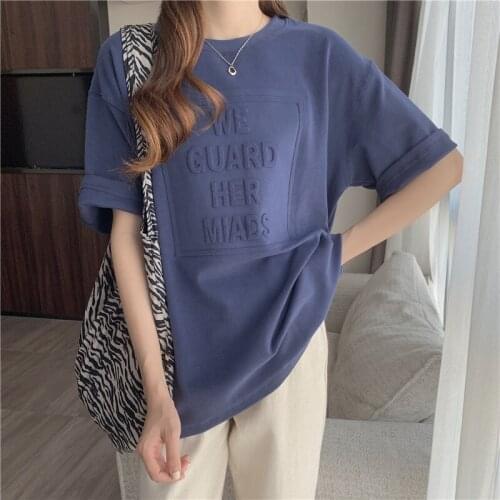 2021 summer new letter mid-length t-shirt loose half-sleeved top bottoming shirt womens solid color casual cotton T-shirt