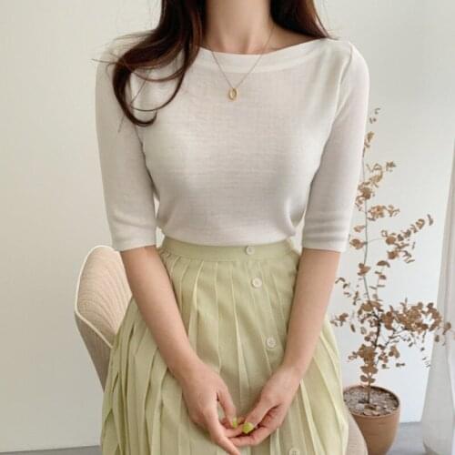 Office Wear Simple Elegant Slim Pullovers O-neck Half Sleeve Ice Silk Knitt Tshirt Spring Summer Korean Chic Solid Bottoming Tee