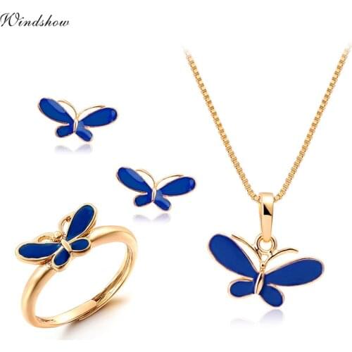 Cute Blue Oil Drop Butterfly Necklaces & Pendants Earrings Ring Small Jewelry Sets for Kids Children Girls Gold Color Jewellery
