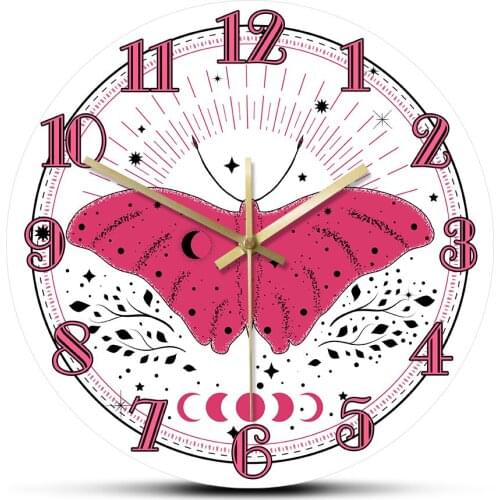 Pink Butterfly With Sun and Moon Elements Boho Style Silent Wall Clock Butterfly Nursery Wall Art Home Decor Housewarming Gift