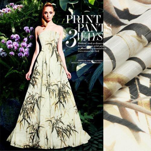 Printed Silk Linen Fabric 14 momme 140cm Width Chinese Printing Bamboo Cream Color Dress Cloth