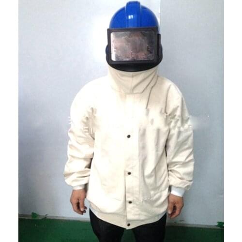 Sand blastig helmet, sand blast hood with black air hose and thick clothes
