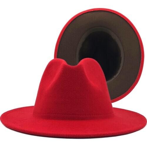 Simple Outer red Inner coffe Wool Felt Jazz Fedora Hats with Thin Belt Buckle Men Wide Brim Panama Trilby Cap 56-58CM