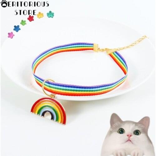 Rainbow Pendant Cats Collars Adjustable Nylon Buckles Fashion Reflective Pet Collar Cat Head Pattern Supplies for Accessories