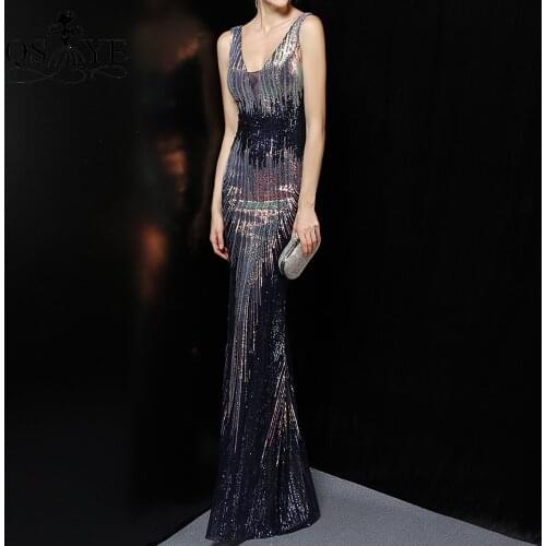 Dark Blue Evening Dresses Mermaid Sequin Prom Gown Glitter Radial Sequin Formal Party Dress Long Sexy V Neck Woman Navy Gown