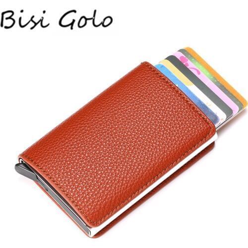 BISI GORO RFID Smart Wallet Litchi Soft Leather Aluminum Box Card Case Information Protector Clutch Fashion Pop-Up Card Holder
