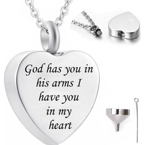 Cremation Urn Jewelry God has You in his Arms Heart Ashes Keepsake Engraved Memorial Necklace for Women