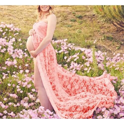 Women Clothes Maternity Photography Dresses Sleeved Lace See-Through Tight-Fitting Tail Dress Maternity Photography Props Dress