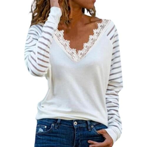 Autumn Womens T-shirts Solid Color Lace Patchwork Long Sleeve V-neck Loose Shirt Blouse Top Loose Pullover T-shirt Casual Stree