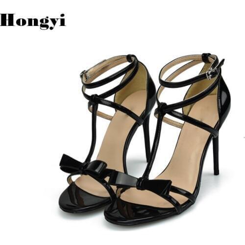 2018 Women Sandals Black Nude Coat of paint Leather Gladiator Sandals Women Summer Shoes Woman 8CM Thin High Heel Sandals