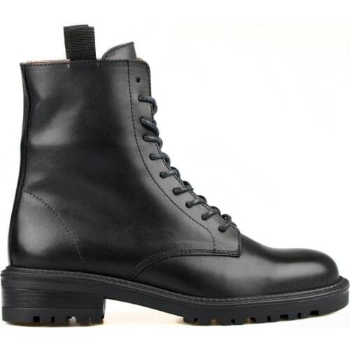 FootCourt- Black Genuine Leather Womens Military Combat Boots Lace Up Students Ankle Boots Sexy Punk Ladies Shoes Botas Mujer