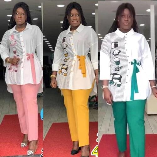 2 pieces of womens slim solid color trousers tie shirt stand-up collar split top 2020 fashion printing irregular office lady su