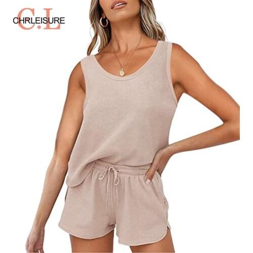 CHRLEISURE Women Summer Short Set Casual Home Women Tracksuit Loose sleeveless Lace Up Shorts Solid 2XL