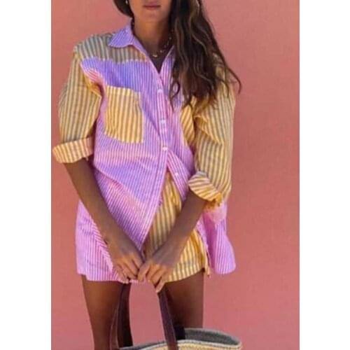 Women Suit Strip Drawstring Loungewear Turn-down Collar for Home Lady Tracksuit Shorts Stylish Beach Suits