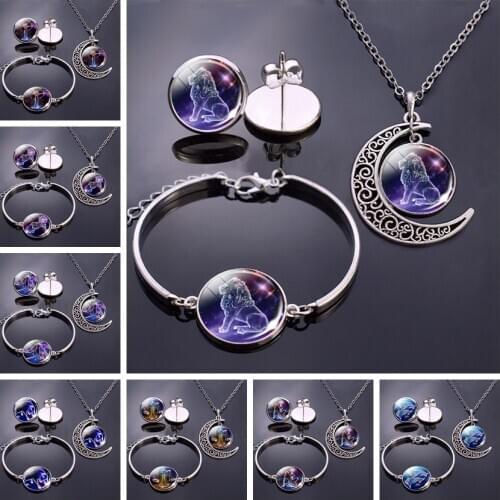 12 constellation Silver Color Necklace & Earrings & Bracelet Fashion Jewelry Set Women Lovers Valentines Day Gifts