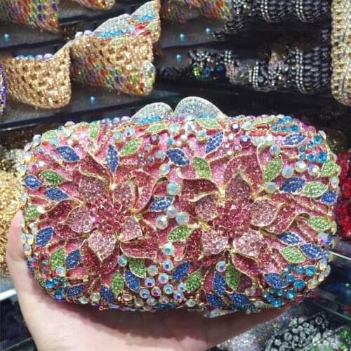 15 Colors Blue/Green Multi- Colored Two Flowers Clutches Diamond Evening Bag Best Designer Party Chain Handbag Women Tote Purse