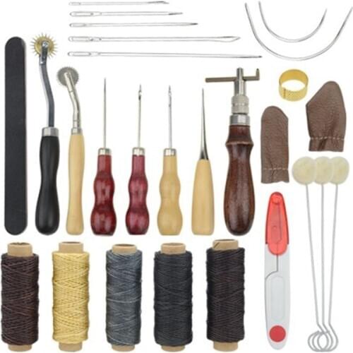 18Pcs/Set DIY Leather Craft Tools Set Thread Awl Waxed Thimble Stamping Handmade Hole Punch Stitching Sewing Cutting Artistic