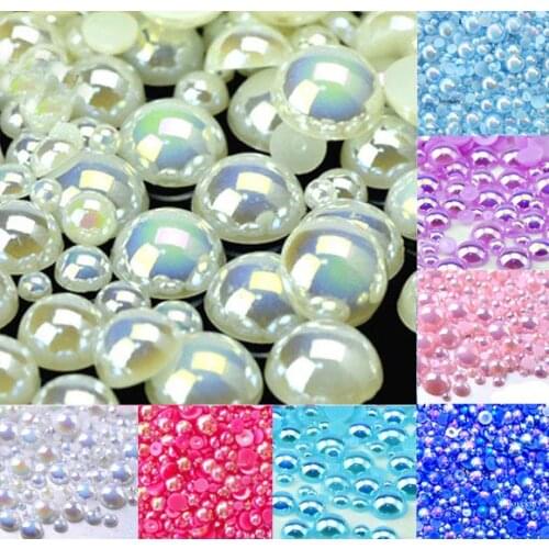 500Pcs Mixed 2-10mm Beige AB Half Round Pearl Beads Craft Cabochon Scrapbook Decoration Flatback Nail Art Garment Beads DIY
