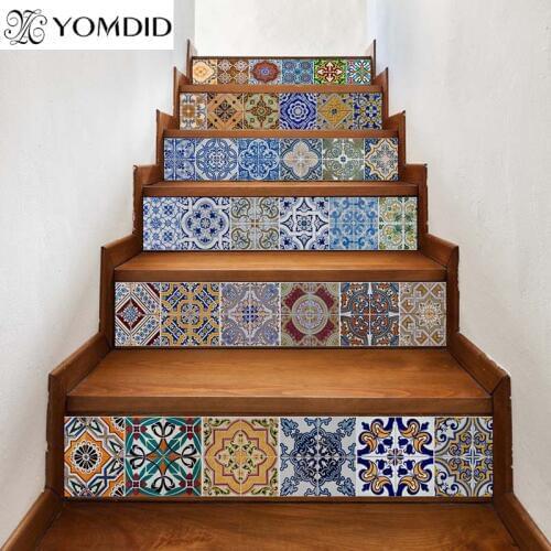 6Pcs 3D Stair Mat Sticker Bedroom Door Printed Wall Stickers Waterproof Irregular Rug Stair Mats Sticker Anti-Slip Home Decor