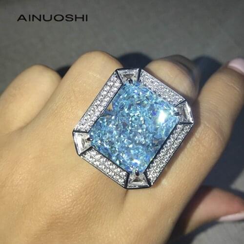 AINUOSHI 14K/18K Gold 16.5x19.5mm 20ct Radiant Cut Blue AINUOSHI Stone Double Halo Party Rings for Women Surprise Gift