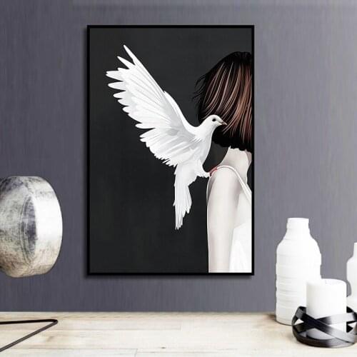 Angel Holy White Dress Girl Pigeon Canvas Wall Art Painting Posters And Print for Living Room Unique Anime Home Decoration