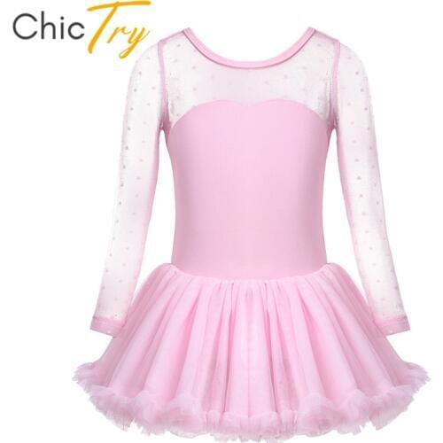 ChicTry Children Girls Ballet Tutu Dress Cotton Polka Dots Mesh Long Sleeve Gymnastics Ballet Leotard Kids Stage Dance Costume