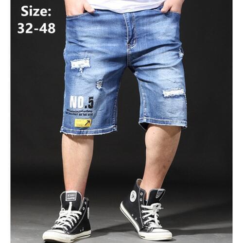 Jean Shorts For Men Denim Ripped Vintage Plus Size 44 46 48 Stretch Elastic High Waisted Mens Blue Black Distressed Half Jeans