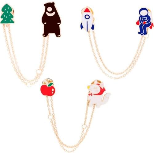Enamel pins and brooches women apple cat plane astronaut chain brooch tree bear pin badge for children dress hat accessories