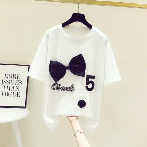 Black 3D Bow White Tshirt Women Round Neck Short Sleeve Tees 2021 Summer Women Fashion Tops T-shirts for Girls