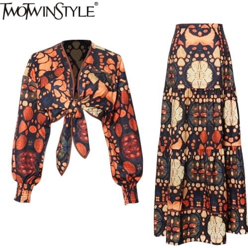 TWOTWINSTYLE Print Two Piece Set For Women V Neck Lantern Sleeve Hit Color Top High Waist Skirt Vintage Sets Female 2021 Clothes