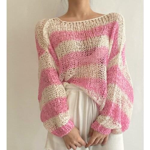 Korea Chic Gentle and Sweet One-Shoulder Hit Color Striped Sunscreen Shirt Loose Wild Long-sleeved Hollow Knit Sweater Women