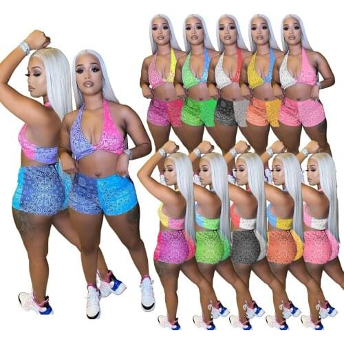 Summer Sexy Women Popular Sleeveless Printed Backless Two Piece Shorts Sets Swimsuit Biker Sports Outfits