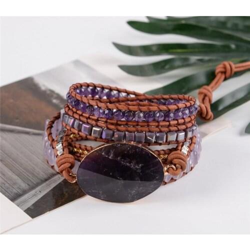 Fashion Handma Bohemian Jewelry Boho Bracelet Natural Amethyst Charm 5 Strands Wrap Bracelets Gift