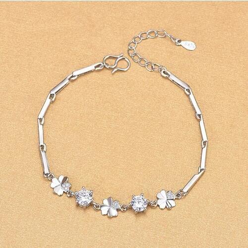 Real 925 Sterling Silver Four Leaf Crystal CZ Wedding Bracelets Fine Jewelry