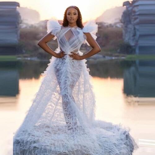 2021 New Designer Prom Dresses Sexy See Through Puff Sleeves Sheer Tulle Women Aso Ebi Evening Gowns With Train Ruffles