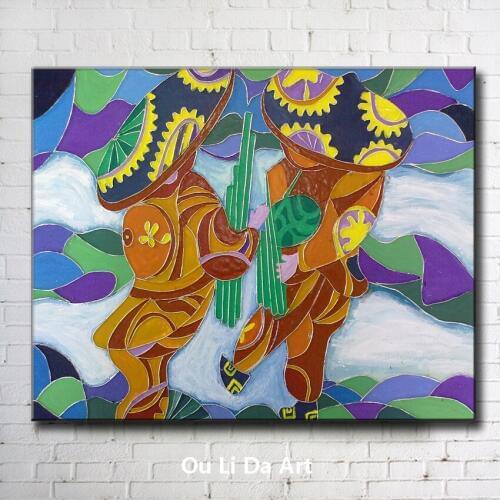 Pastoral cartoon figures bamboo music scenery oil paintings canvas printing printed on canvas home wall art decoration picture